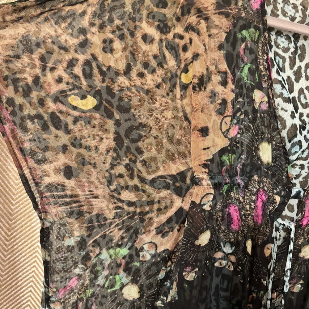 River Island Sheer Beach Coverup Robe, Kaftan, Size Med, Blue Leopard Print - Picture 3 of 7